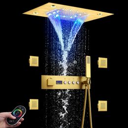 LED Shower Faucet Set Ceiling 20*14 Inch Rain and Waterfall Shower Head Temperature Display Thermostatic Shower System
