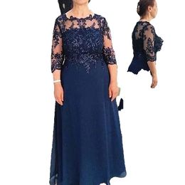 Navy Blue Elegant Evening Dresses Chiffon Plus Size 3/4 Sleeves Appliques Long Prom Gowns