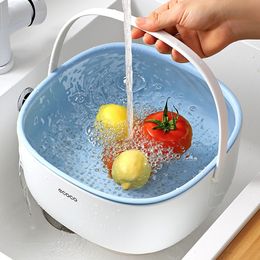 Storage Baskets ECOCO Portable Double Drain Basket Bowl Washing Kitchen Strainer Noodle Vegetable Fruit Basket Washing Cleaning Colander Tool 230310