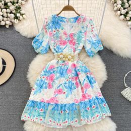 Party Dresses Autumn Holiday Beach Embroidered Flares Print Puff Sleeve V-Neck Women Dress