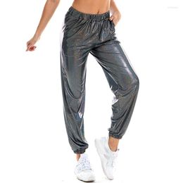 Active Pants Reflective Women High Waist Metallic Jogger Trousers Shiny Holographic Loose Hip Hop Dance Bottoms Streetwear