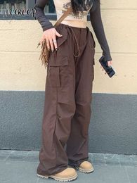 Women's Pants Capris Weekeep Brown Vintage Cargo Pants Grunge 2000s Pocket Patchwork Casual Pants Low Rise Baggy Drawstring Women Jogging Trouser y2k L230310