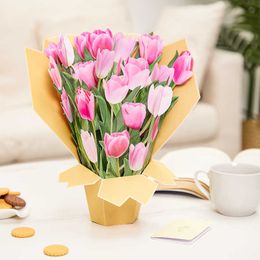 Gift Cards 3D Pop Up Flower Greeting Wedding Card Mothers Day Easter Postcards Pink Tulip Life Sized Bouquet Z0310