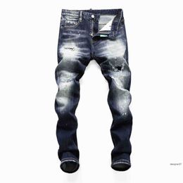 NEW Men's Jeans 2023 Spring and Autumn Broken Hole Elastic Water Wash College Students' Feet Tight Nightclub Fashion Print D2 Pants