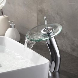 Bathroom Sink Faucets Glass Basin Faucet Copper Chrome Tall/Low Wash-basin Single Handle Centres Waterfall Cold Mixing Taps