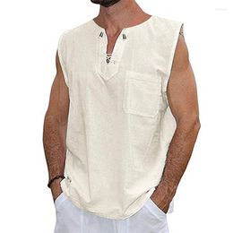 Men's Tank Tops Casual Solid Men's Cotton Linen Vest Summer Sleeveless V-Neck Tanks Loose Men Pullover 2023 Design