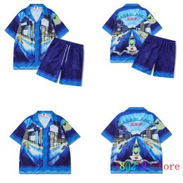 Mens Tracksuits Blue City Night Crazy Racing Printing Hawaii Shorts Shirt Set Men Women CASABLANCA Beach Suit JAPAN 230308