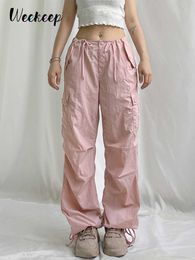 Women's Pants Capris Weekeep 2022 Summer Baggy Cargo Pants Low Rise Drawstring Fashion Pocket Casual Pants Kawaii Pink Women's Trousers y2k Aesthetic L230310