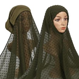 Scarves Plain Solid Pom Dot Bubble Chiffon Instant Hijab Caps Women Elastic Muslim Shawl Scarf Wrap Snood Foulards Bonnet HeadbandScarves