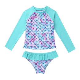 One-Pieces Kids Girls Sets Long Sleeves Rashguard Swimsuit Swimwear Bathing Suit Swimming Set Fish Scales Printed Tops with Bottoms