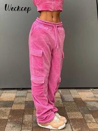 Women's Pants Capris Weekeep Kawaii Pink Cargo Pants y2k Cute Velvet Autumn Winter Low Rise Sweatpants Baggy Pocket Casual Pants Women Jogging Capris L230310