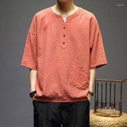 Мужские рубашки в китайском стиле хлопок и льна с коротким рукава