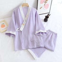 Women's Sleepwear Women Embroidery Kimono Pyjamas Sets 2PCS Sexy Cardigan Bathrobe Pyjamas Suit Cotton Nightwear Casual M-XL Home Wear