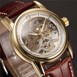 Men Wrist Watches Luxury Golden Skeleton Mechanical Steampunk Male Clock Automatic Wristwatch Leather Strap Herren Horloges J19070299S