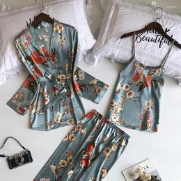 Women's Sleepwear 3Pcs/set Spring Autumn Women Satin Silk Pajamas Sets Flower Print Pajama Spaghetti Strap Homewear Sexy Pyjamas 2023