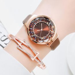 Wristwatches Simple Watch Women Luxury Ladies Quartz Leather Strap Movable Rhinestones Female Brown Clock Relogio FemininoWristwatches