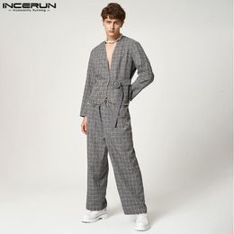 Men s Tracksuits INCERUN American Style Men Plaid Pattern Metal Belt Long sleeved Collarless Tops Trousers Casual Streetwear Two piece Sets S 5XL 230309