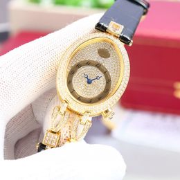 Moissanite Diamond Women Quartz Designer Watches Lady Models Bright Yellow Gold Black Leather Strap Steel Case Original Clasp Wristwatch Montre De Luxe