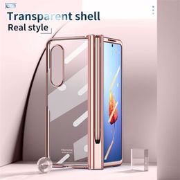 Hinge Electroplated Folding Tempered Glass Phone Case for Samsung Galaxy Z Fold 3 Fold2 Fold 4 5G Back Cover With Stylus Pen