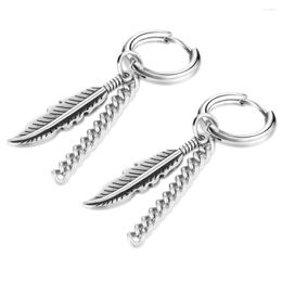 Hoop Earrings Retro Stainless Steel Feather Tassel Tiny Circle Huggies Silver Color Hoops Kpop Small Ear Ring Jewelry