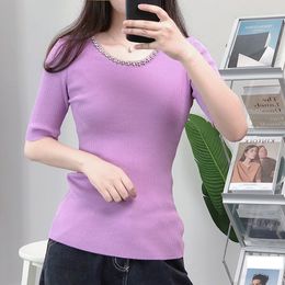 305 2023 Brand SAme Style Sweater Short Sleeve Women's Sweaters White Purple Black Neck Sequins Beads Pullover Fashion Clothes yuecheng