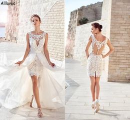 2 In 1 Removable Train Sheath Wedding Dresses Summer Beach Sexy Scoop Neck Lace Appliqued Mini Bridal Gowns Illusion Buttons Back Short Reception Party Dress CL1973