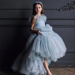 New blue Off Shoulder Flower Girl Dress Pleat Birthday Wedding Party Dresses Costumes First Communion Quality High Drop Shipping