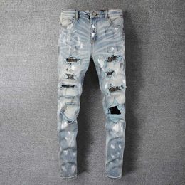 Men's Jeans Rhinestones Splashing Ink Patchwork Male Ripped Hole Design Stretchy Jean Hip Hop Style Trouser For Men Pantalon Vaqueros Hombre Y2303