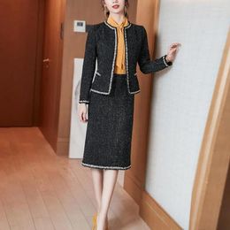 Work Dresses Fashion Ladies Fragrant Wind Woollen Suits Autumn Winter Elegant Slim Top Mid-Length Skirt Two-Piece Sets Women