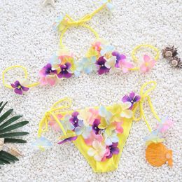 One-Pieces Handmade Floral Swimsuit For Girls Two Piece Children Swimwear Kids Pink Swim Suit Cute Halter Baby Beachwear 2-10 Years