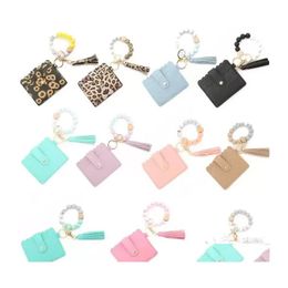 Party Favor Sile Bead Bracelet Leopard Card Bag Wood Beaded Pu Leather Tassel Keychain Portable Ladies Wallet With Snap RRA