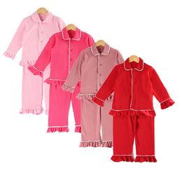 Pajamas Christmas Long Sleeve Button Up Ruffle Girls Baby Sleepwear Red Boys Pyjamas Kids Blank pjs 230310
