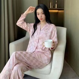 Women's Sleepwear Pink Plaid Pajamas Ladies Summer Large Size Spring and Autumn Long Sleeve Thin Ice Silk Homewear Set 230310