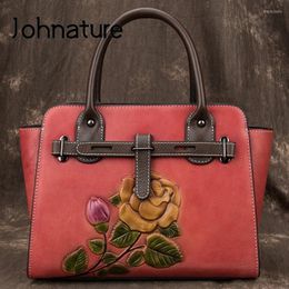 Evening Bags Johnature Retro Genuine Leather Women Bag 2023 Handmade Embossing Large Capacity Handbag High Quality Nature Cowhide