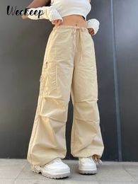 Women's Pants Capris Weekeep Light Khaki Cargo Pants Streetwear 100% Cotton Big Pocket Patchwork Casual Pants Drawstring Low Waist Baggy Trouser Lady L230310