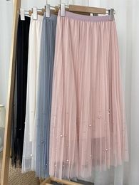 Skirts Spring Summer 2023 Women Fashion Faux Pearl Beaded Tulle Pleated Midi Skirt Casual Elastic High Waist Womens