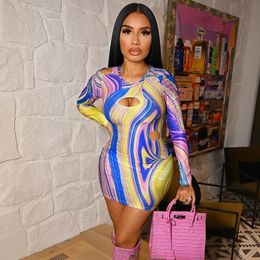 Casual Dresses Adogirl Long Sleeve Colourful Print Mini Dress Women Sexy Hollow Out Party Night Club 2023 Female Clothing Streetwear