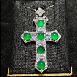 Vintage Lab Jade Emerald Diamond Cross Necklace 925 Sterling Silver Wedding Pendants Necklace For Women Men Chocker Jewelry