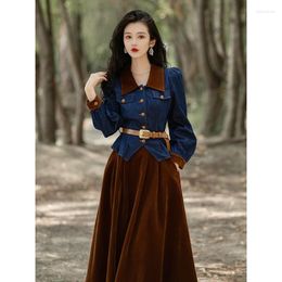 Casual Dresses Dress Vintage French Velvet Patchwork Denim Top Two-piece Matching Skirt Suit Women In Autumn And Winter