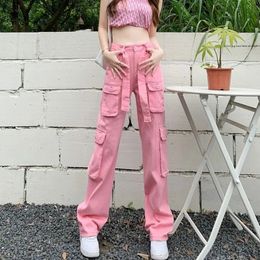 Women's Pants Capris BIYABY Autumn Pink Denim Cargo Pants Women High Street Loose Straight Trousers Woman Harajuku Style Baggy Wide Leg Pants 230310