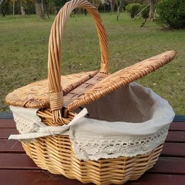 Storage Baskets Rattan Woven Baske Wicker Handmade Woven Rattan Basket With Lid Outdoor Picnic Camping Storage Basket Fruit Bread Container 230310