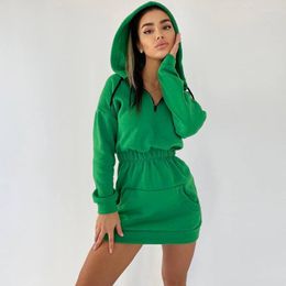 Casual Dresses Solid Green Pink Black Mini Women Sweatshirt Dress Xmas Lounge Wear Drawstring Hooded Pockets Club Robe