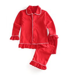 Pyjamas 100% Cotton Boys And Girls Sleepwear Plain Colour Family Matching Kids Christmas Ruffle Kids Button Up Pyjamas 230310