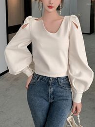 Women's Blouses QOERLIN Lantern Sleeve Water Drop Hollow Out White Shirt Female Elegant Formal Business Women V Neck Office Ladies Blouse