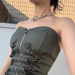 Women's Tanks Summer 2023 Woman Corset Top Y2k Off Shoulder Drawstring Lace Up Zipper Sleeveless Shirt Grunge Clothes 2000s Aesthetic Crop