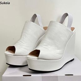 Sukeia Women Platform Sandals Faux Leather Elastic Strap Wedges Heels Peep Toe Fabulous White Party Shoes US Plus Size 5-20