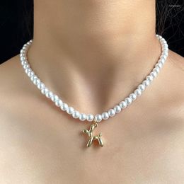 Choker Elegant White Pearl Gold Color Puppy Beaded Necklace For Women Cartoon Dog Simple Femme Wedding Party Aesthetic Jewelry