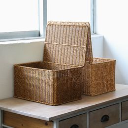 Storage Baskets Hand Woven Storage Baskets Seagrass Wicker Laundry Basket Rectangular Box with Lid Home Storage Container Sundries Organizer 230310