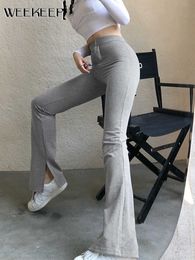 Women's Pants Capris Weekeep Basic Leggings Solid High Waist Elastic Slim Full Length Micro Flared Pants Women Streetwear Harajuku Fitness Sweatpants L230310