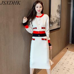 Work Dresses S-XL Autumn Winter Color Block Sweater 2 Piece Set Chic Women Single Breasted Knitted Cardigan Bodycon Pencil Long Skirts Suit